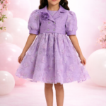 طقم فستان ليلكي  بنات بنقشة ورود ورباط رأس و جاكيت مبطن للأطفال من 3 إلى 7 سنوات