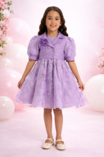 طقم فستان ليلكي  بنات بنقشة ورود ورباط رأس و جاكيت مبطن للأطفال من 3 إلى 7 سنوات