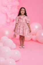 ⁦طقم فستان وردي لحمي بنات بنقشة ورود ورباط رأس و جاكيت مبطن للأطفال من 3 إلى 7 سنوات⁩ - الصورة ⁦2⁩