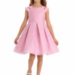 فستان بنات بودر وردي بقماش بارز  مع رباط رأس للأعمار من 3 إلى 7 سنوات