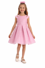 فستان بنات بودر وردي بقماش بارز  مع رباط رأس للأعمار من 3 إلى 7 سنوات