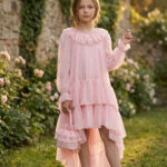 فستان شيفون للفتيات بطبقات وكشكش مع حقيبة مطابقة للأعمار من 8 إلى 15 سنة