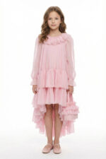 ⁦فستان شيفون للفتيات بطبقات وكشكش مع حقيبة مطابقة للأعمار من 8 إلى 15 سنة⁩ - الصورة ⁦3⁩