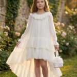 فستان شيفون بناتي بطبقات وكشكش بلون الكريمي مع حقيبة مطابقة للأعمار من 8 إلى 15 سنة