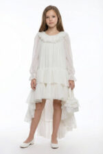 ⁦فستان شيفون بناتي بطبقات وكشكش بلون الكريمي مع حقيبة مطابقة للأعمار من 8 إلى 15 سنة⁩ - الصورة ⁦3⁩