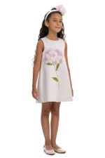 ⁦فستان الفتيات بلون الإكرو مع باقة زهور ثلاثية الأبعاد ورباط رأس (الأعمار 3-7 سنوات)⁩ - الصورة ⁦3⁩