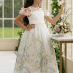 فستان طويل مزهر للبنات بألوان الكريمي (الأعمار 3-7 سنوات)