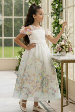 فستان طويل مزهر للبنات بألوان الكريمي (الأعمار 3-7 سنوات)