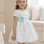 فستان أطفال باللون النعناعي مزين بزخارف الأقواس ورباط رأس مزهر 6-24 شهر