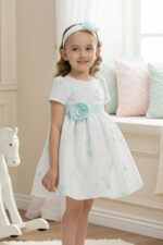 فستان أطفال باللون النعناعي مزين بزخارف الأقواس ورباط رأس مزهر 6-24 شهر