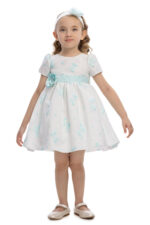 ⁦فستان أطفال باللون النعناعي مزين بزخارف الأقواس ورباط رأس مزهر 6-24 شهر⁩ - الصورة ⁦2⁩