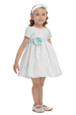 ⁦فستان أطفال باللون النعناعي مزين بزخارف الأقواس ورباط رأس مزهر 6-24 شهر⁩ - الصورة ⁦3⁩