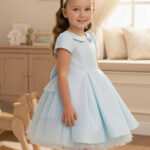 فستان أطفال أزرق بتفاصيل فيونكة ورباط رأس 6-24 شهر