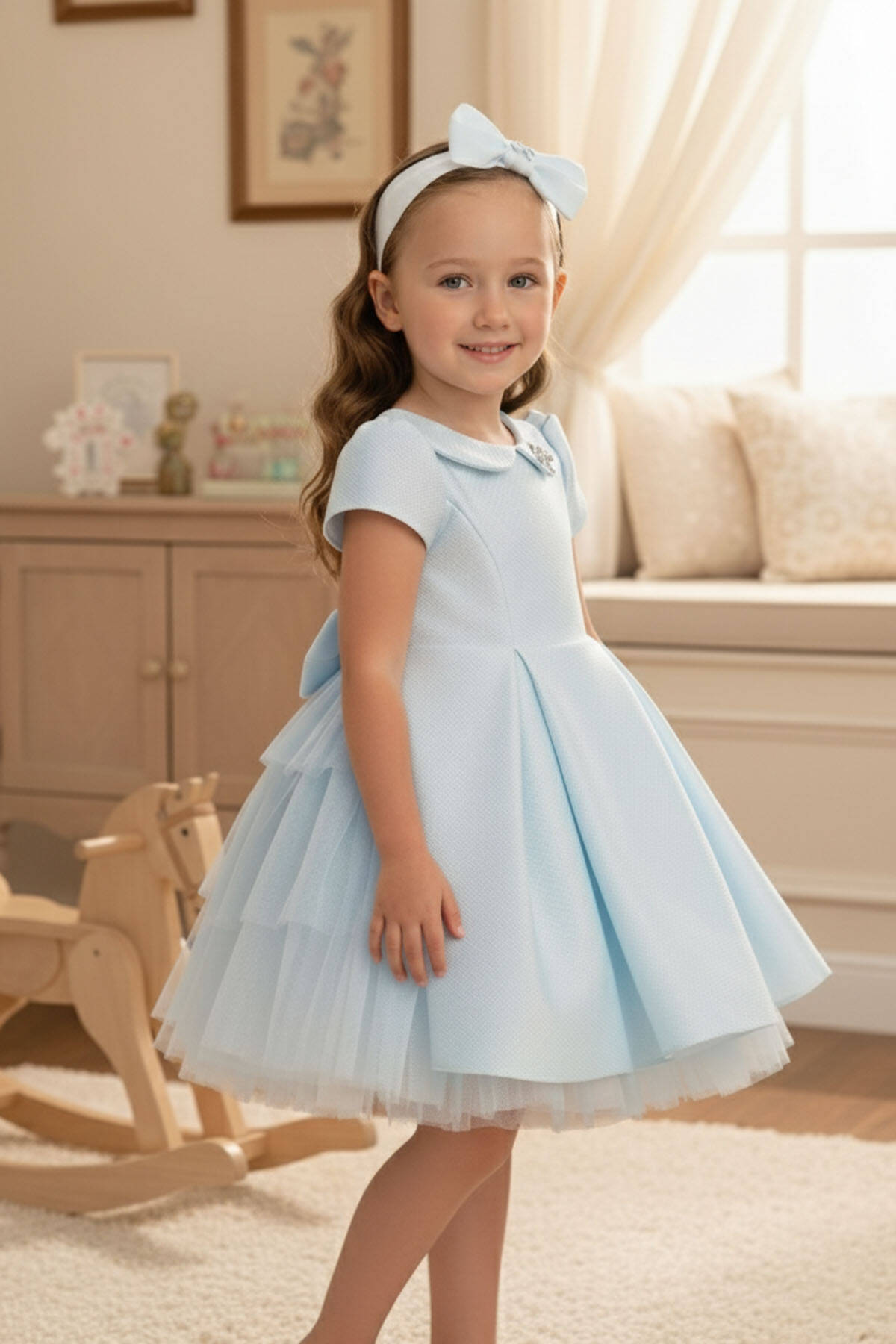 80020-46-B.jpg فستان أطفال أزرق بتفاصيل فيونكة ورباط رأس 6-24 شهر - الصورة 1