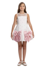 ⁦فستان بنات بلون الكريمي مع فيونكة لؤلؤية للأعمار من 8 إلى 14 سنة⁩ - الصورة ⁦2⁩