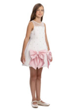 ⁦فستان بنات بلون الكريمي مع فيونكة لؤلؤية للأعمار من 8 إلى 14 سنة⁩ - الصورة ⁦3⁩