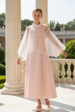 فستان بنات بودر مع طبقة علوية شفافة قابلة للفصل للأعمار من 8 إلى 14 سنة