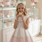 فستان بوردر جيرلز بطرف مزهر مع فيونكة للأعمار من 3 إلى 7 سنوات