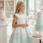 فستان بناتي أزرق بطرف مزهر مع فيونكة للأعمار من 3 إلى 7 سنوات