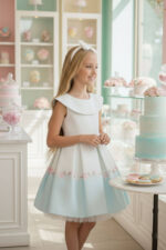 فستان بناتي أزرق بطرف مزهر مع فيونكة للأعمار من 3 إلى 7 سنوات