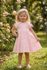 فستان بنات أطفال بنقشة قلوب مع رباط رأس - مقاسات 6-24 شهر