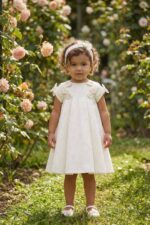 فستان بنات أطفال بلون الإكرو بنقشة القلوب ورباط رأس ٦-٢٤ شهر