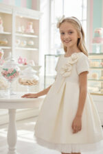 فستان جاكار بنات بلون العاج للأعمار من 3 إلى 7 سنوات