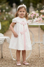 فستان وردي مع رباط رأس للبنات الرضع باللون الكريمي 6-24 شهر