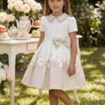 فستان جاكار مزخرف بالزهور للبنات مع ربطة رأس على شكل فيونكة، للأعمار من 3 إلى 7 سنوات