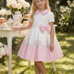 فستان جاكار مزهر للفتيات مع ربطة رأس على شكل فيونكة من بودر - للأعمار من 3 إلى 7 سنوات