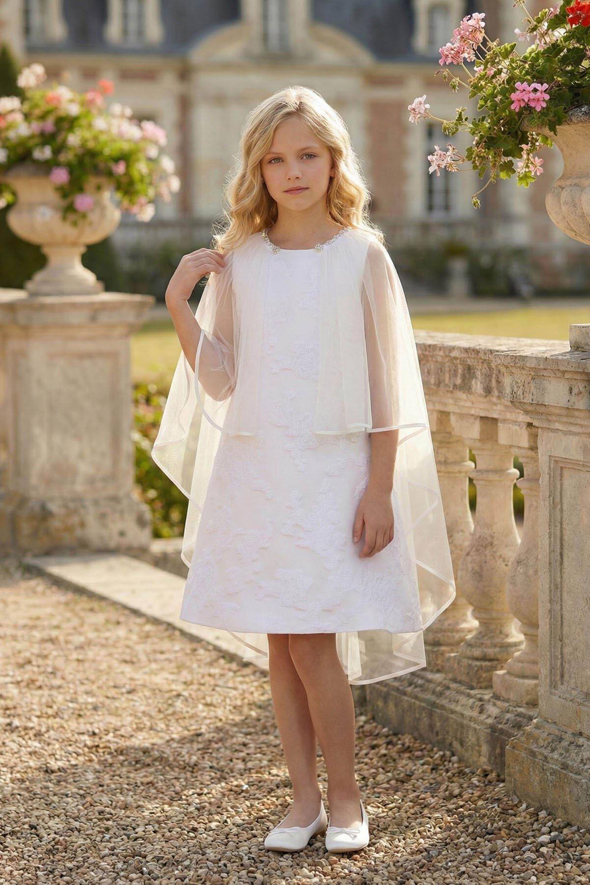 81185-49-B.jpg فستان جاكار بناتي بلون الكريمي بقصة على شكل حرف A مع عباءة للأعمار من 8 إلى 15 سنة - الصورة 1