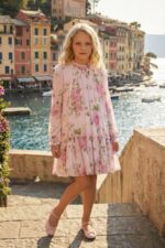 فستان شيفون وردي بأكمام طويلة للبنات من 8 إلى 15 سنة