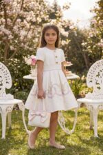 فستان بنات بودر المطرز بالزهور مع أزرار على شكل قلب وحقيبة مطابقة للأعمار من 3 إلى 7 سنوات