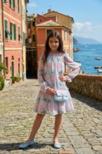 فستان شيفون أزرق للبنات مع حقيبة مطابقة للأعمار من 3 إلى 7 سنوات