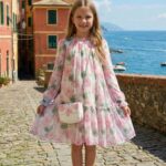 فستان شيفون للفتيات بلون العاج مع حقيبة مطابقة للأعمار من 3 إلى 7 سنوات