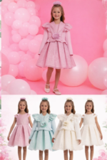 ⁦فستان بنات بودر وردي بقماش بارز  مع رباط رأس للأعمار من 3 إلى 7 سنوات⁩ - الصورة ⁦3⁩