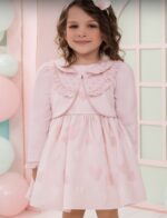 فستان أطفال بودرة مع تفاصيل قلوب وجاكيت انيق  ورباط رأس ٦-٢٤ شهر