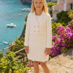 طقم فستان وسترة من الدانتيل الزهري للبنات باللون البيج، مقاس 8-15