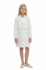 ⁦طقم فستان وسترة من الدانتيل الزهري للبنات باللون البيج، مقاس 8-15⁩ - الصورة ⁦2⁩