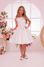 فستان من الساتان بلون بيج فاتح مع حقيبة متناسقة، مقاس 8-14 سنة