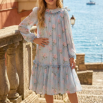 فستان شيفون أزرق بأكمام طويلة للبنات من عمر 8 إلى 15 سنة